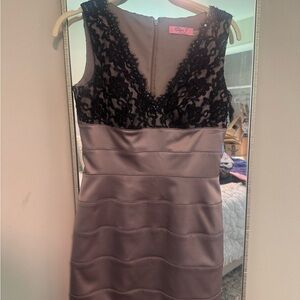 Eliza J Black Lace & Taupe Satin V-Neck Slip Dress